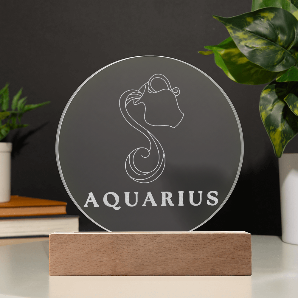 Zodiac Sign Engraved Acrylic Circle Plaque with Lighted NEON LED Base - AQUARIUS Sign