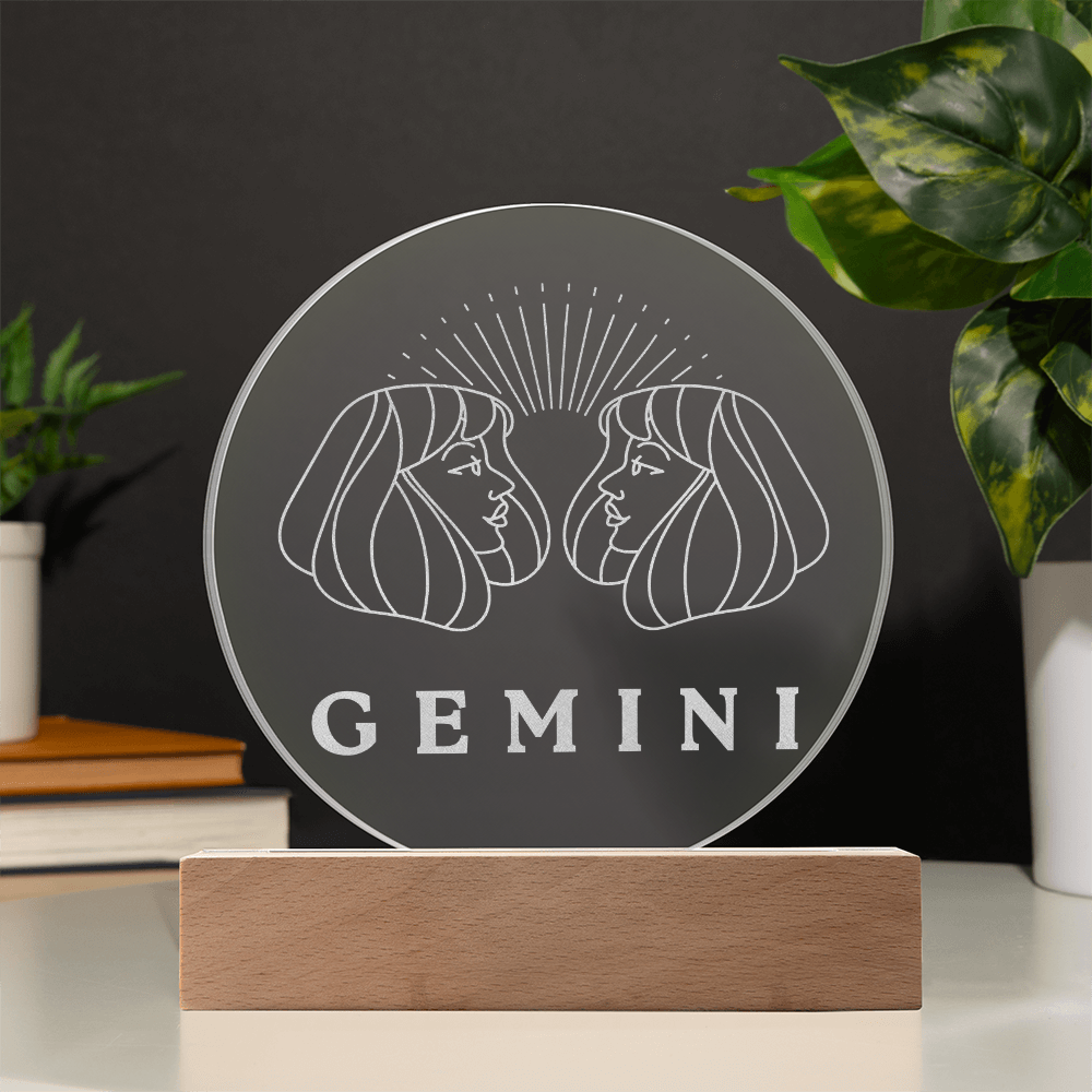 Zodiac Sign Engraved Acrylic Circle Plaque with Lighted NEON LED Base - GEMINI Sign