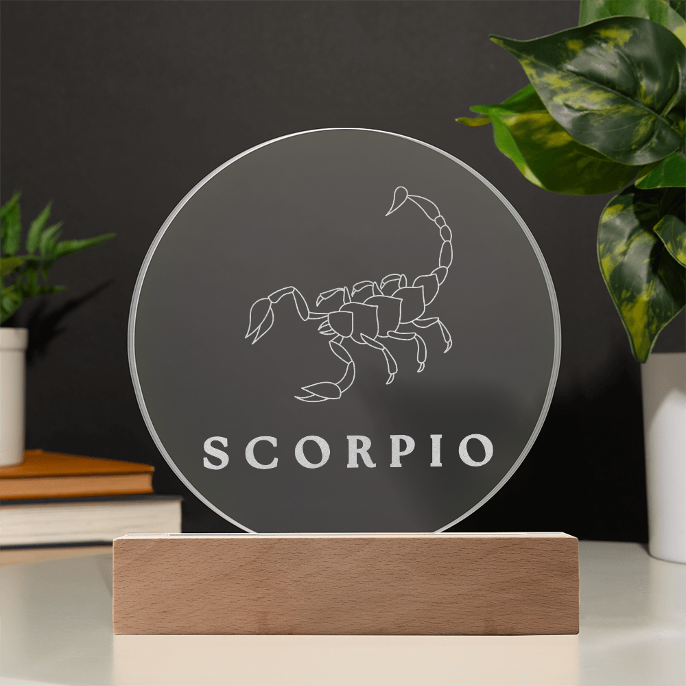 Zodiac Sign Engraved Acrylic Circle Plaque with Lighted NEON LED Base - SCORPIO Sign