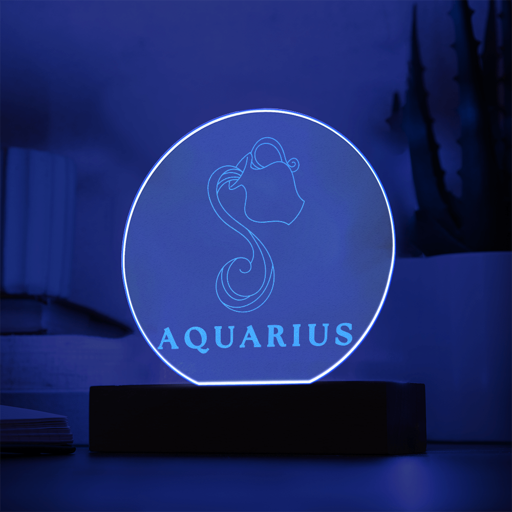 Zodiac Sign Engraved Acrylic Circle Plaque with Lighted NEON LED Base - AQUARIUS Sign