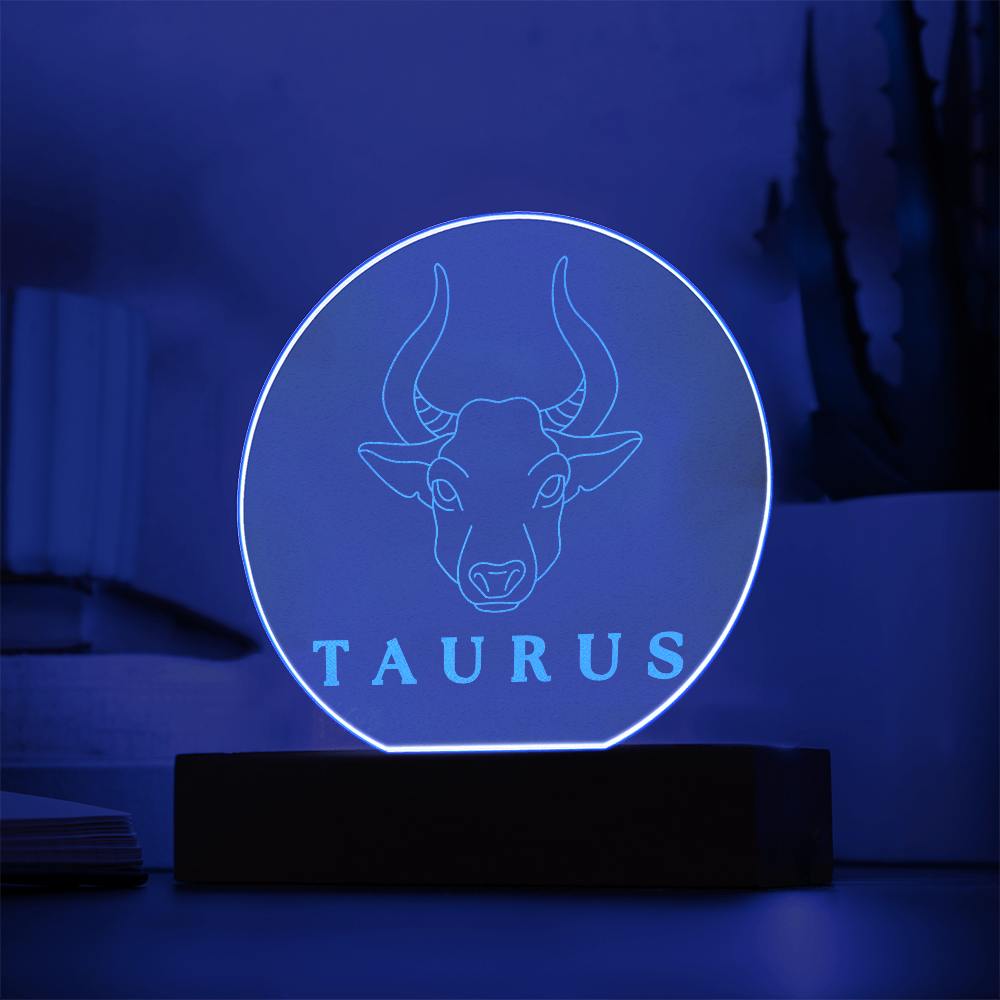 Zodiac Sign Engraved Acrylic Circle Plaque with Lighted NEON LED Base - TAURUS Sign