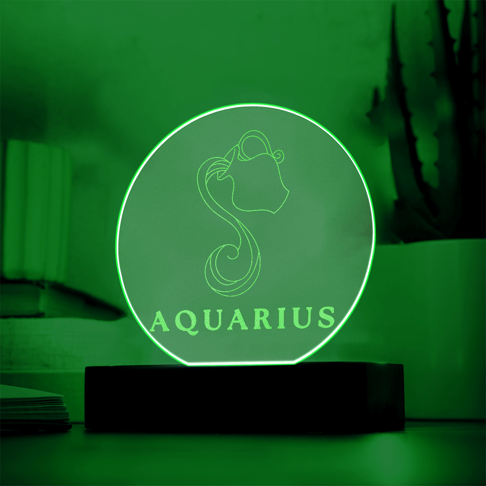 Zodiac Sign Engraved Acrylic Circle Plaque with Lighted NEON LED Base - AQUARIUS Sign