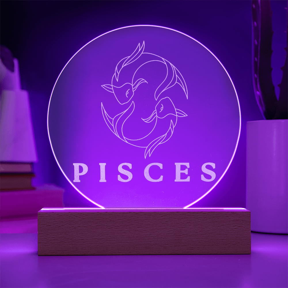 Zodiac Sign Engraved Acrylic Circle Plaque with Lighted NEON LED Base - PISCES Sign