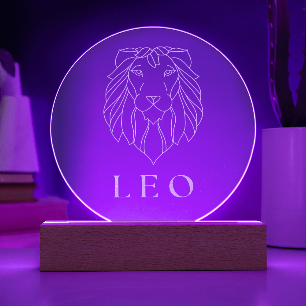 Zodiac Sign Engraved Acrylic Circle Plaque with Lighted NEON LED Base - LEO Sign