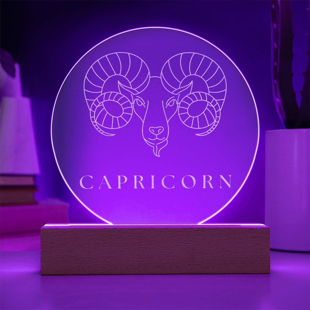 Zodiac Sign Engraved Acrylic Circle Plaque with Lighted NEON LED Base - CAPRICORN Sign