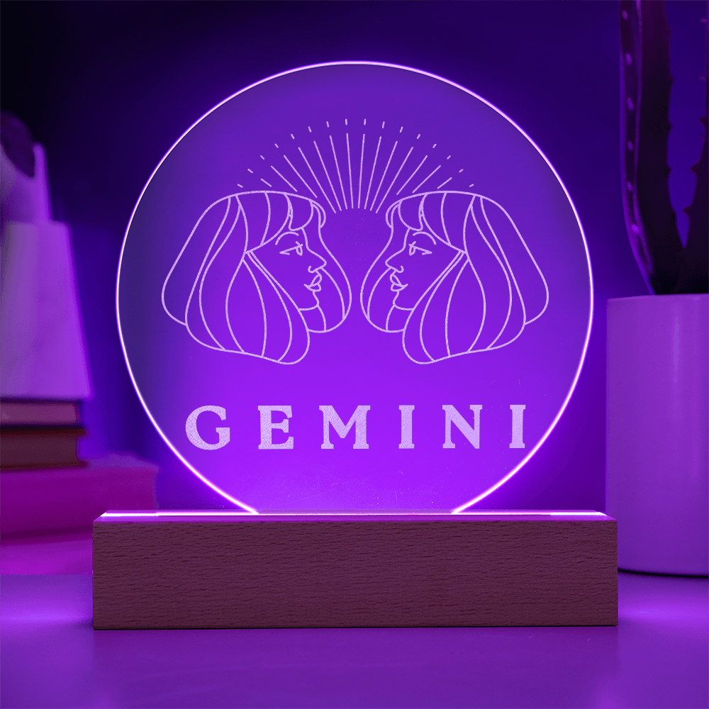 Zodiac Sign Engraved Acrylic Circle Plaque with Lighted NEON LED Base - GEMINI Sign