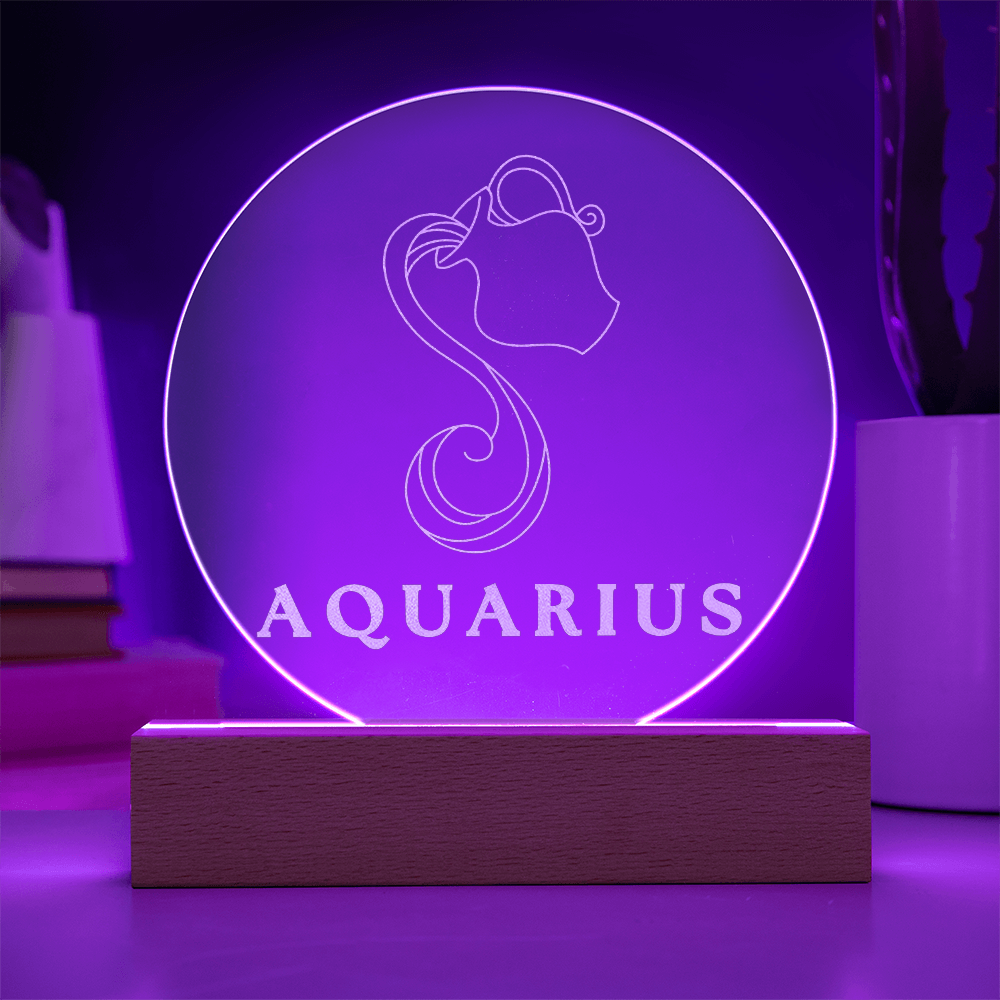 Zodiac Sign Engraved Acrylic Circle Plaque with Lighted NEON LED Base - AQUARIUS Sign