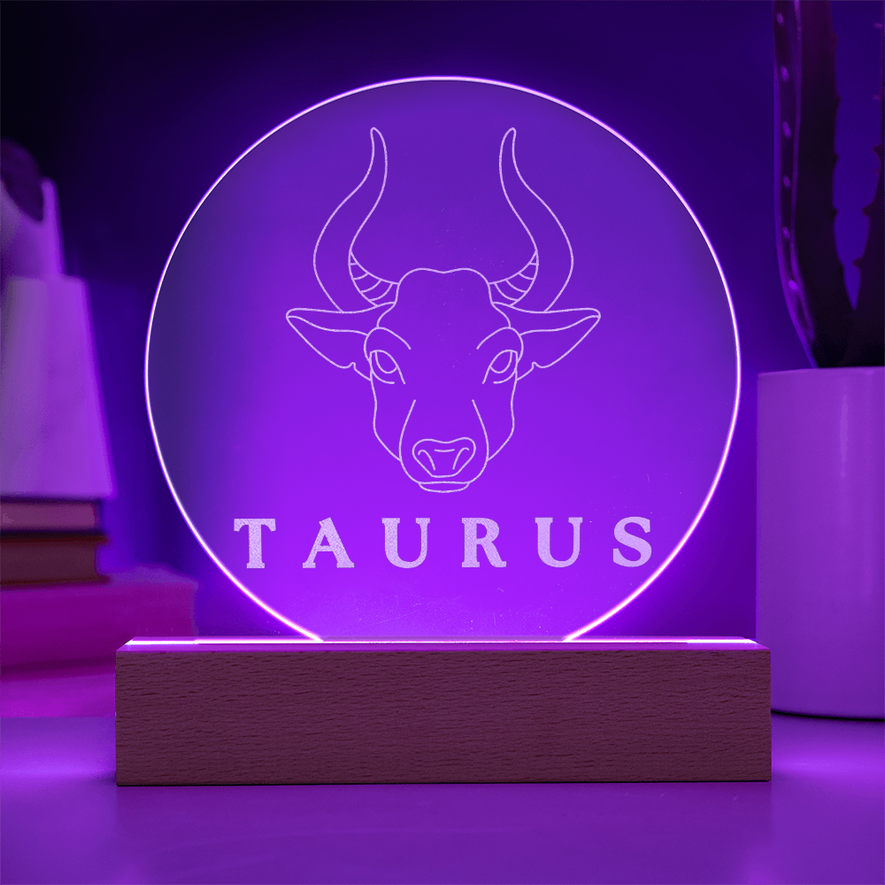 Zodiac Sign Engraved Acrylic Circle Plaque with Lighted NEON LED Base - TAURUS Sign