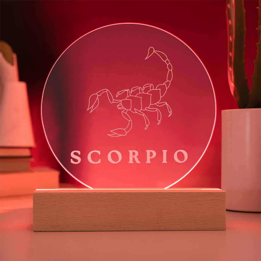 Zodiac Sign Engraved Acrylic Circle Plaque with Lighted NEON LED Base - SCORPIO Sign