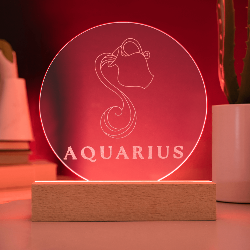 Zodiac Sign Engraved Acrylic Circle Plaque with Lighted NEON LED Base - AQUARIUS Sign