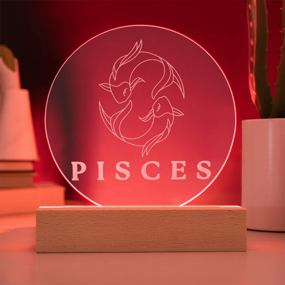 Zodiac Sign Engraved Acrylic Circle Plaque with Lighted NEON LED Base - PISCES Sign