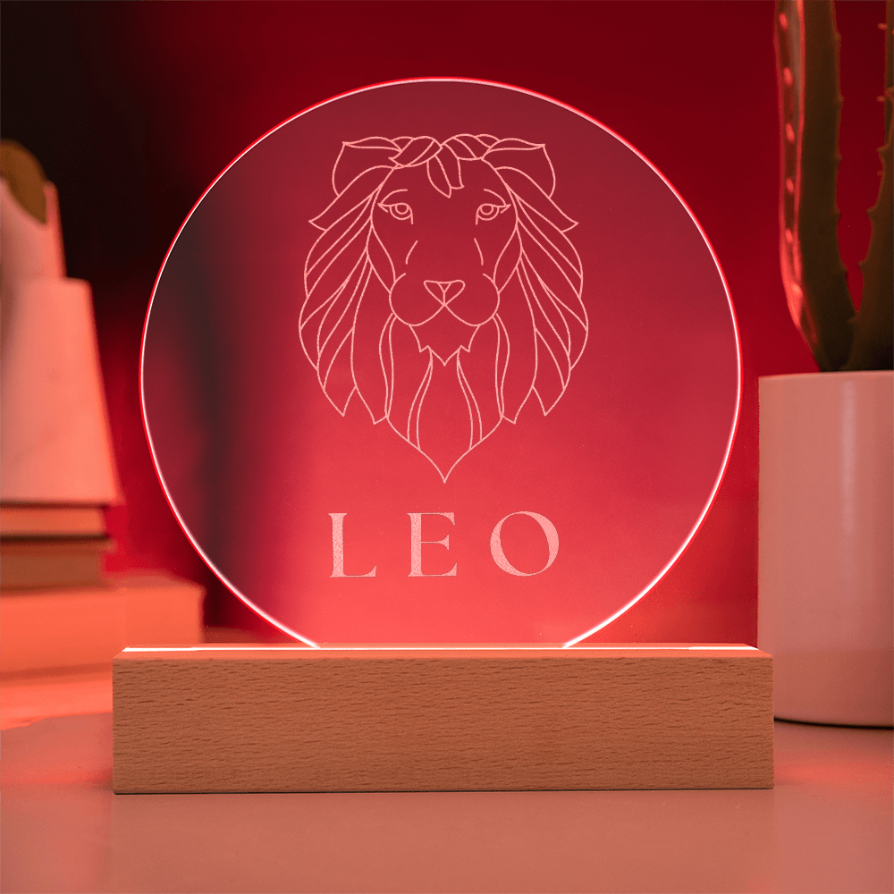 Zodiac Sign Engraved Acrylic Circle Plaque with Lighted NEON LED Base - LEO Sign