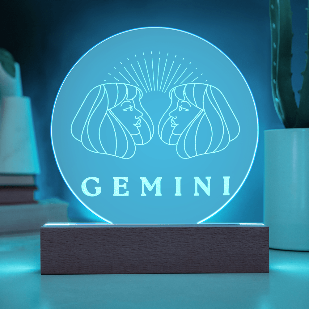 Zodiac Sign Engraved Acrylic Circle Plaque with Lighted NEON LED Base - GEMINI Sign