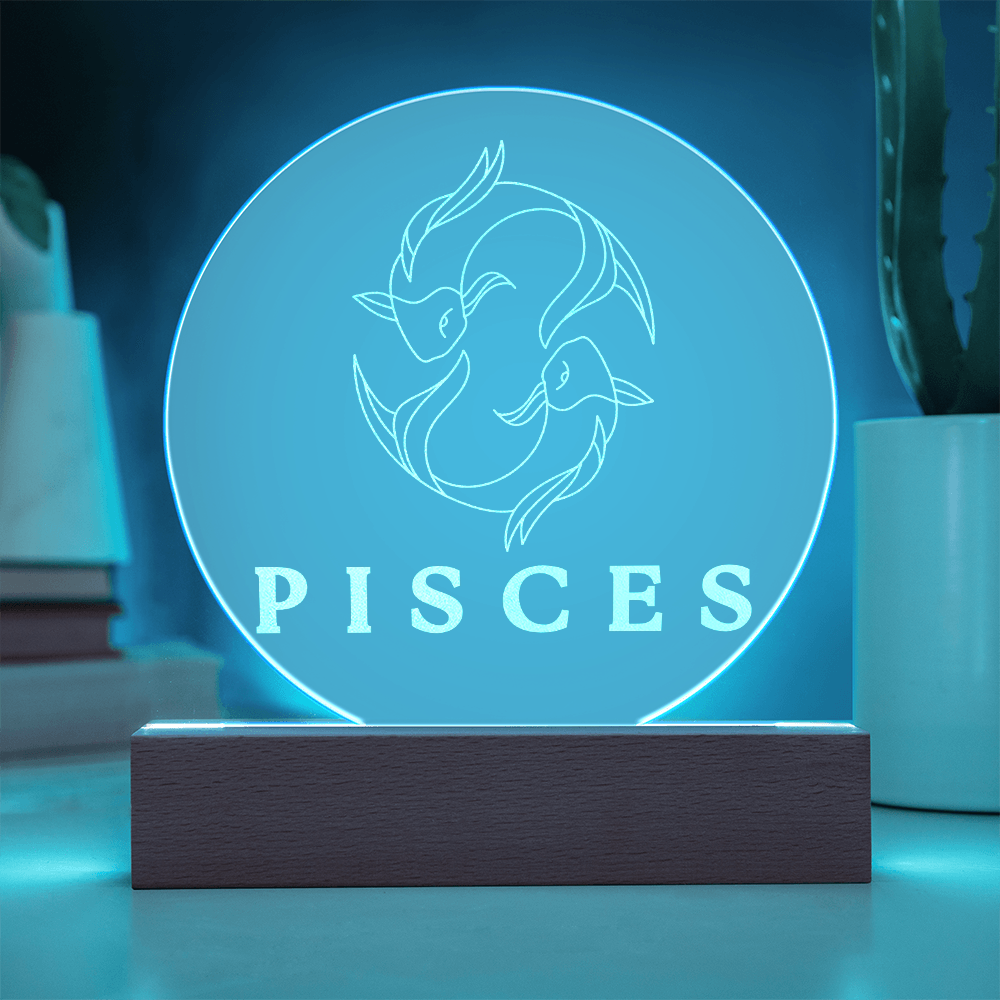 Zodiac Sign Engraved Acrylic Circle Plaque with Lighted NEON LED Base - PISCES Sign