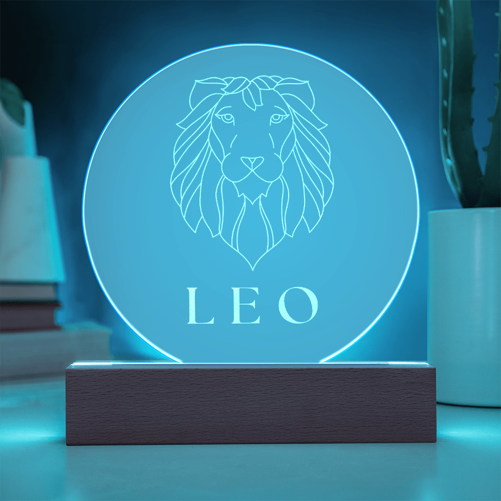 Zodiac Sign Engraved Acrylic Circle Plaque with Lighted NEON LED Base - LEO Sign