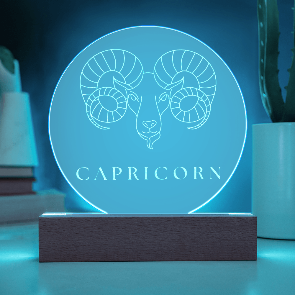 Zodiac Sign Engraved Acrylic Circle Plaque with Lighted NEON LED Base - CAPRICORN Sign