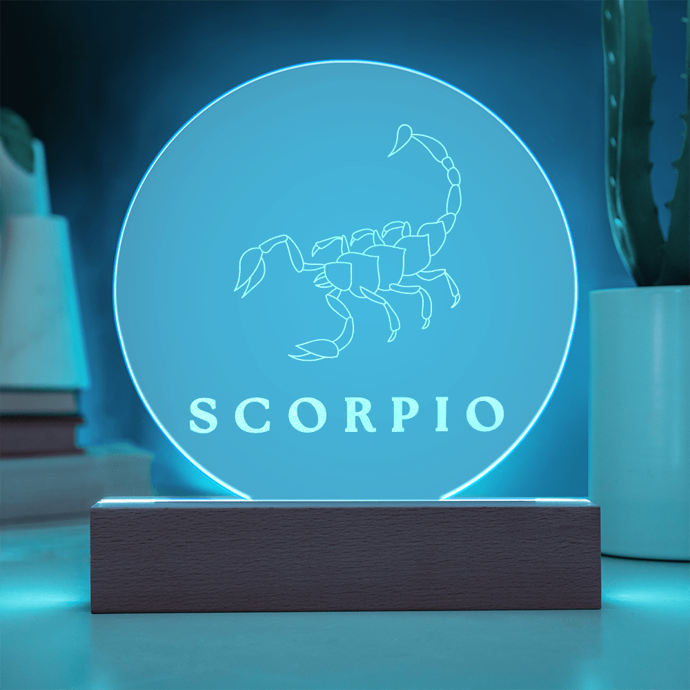 Zodiac Sign Engraved Acrylic Circle Plaque with Lighted NEON LED Base - SCORPIO Sign