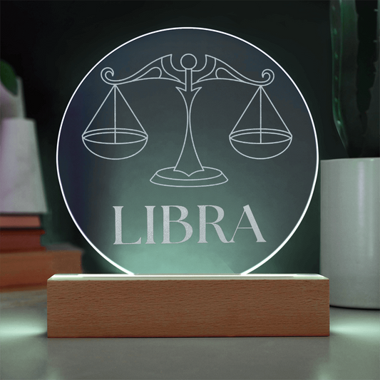 Zodiac Sign Engraved Acrylic Circle Plaque with Lighted NEON LED Base - LIBRA Sign