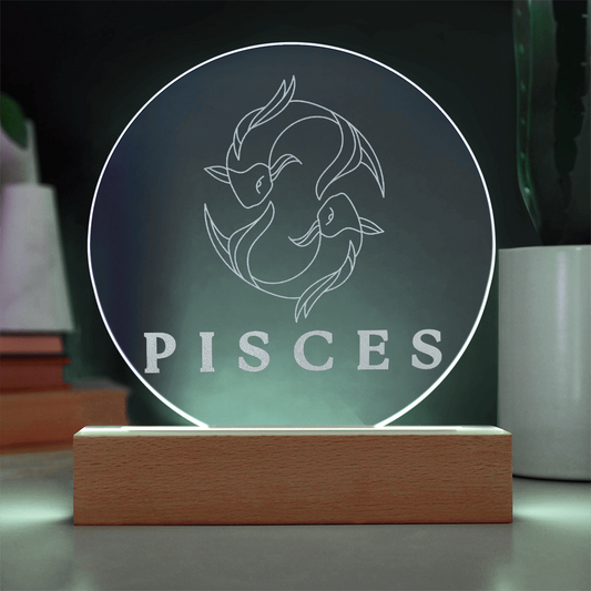 Zodiac Sign Engraved Acrylic Circle Plaque with Lighted NEON LED Base - PISCES Sign