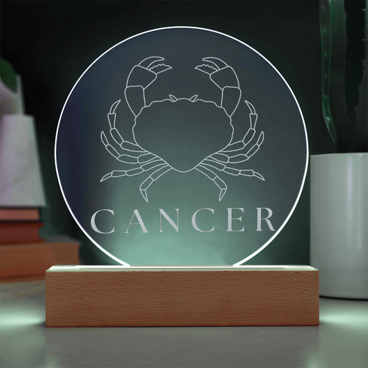 Zodiac Sign Engraved Acrylic Circle Plaque with Lighted NEON LED Base - CANCER Sign