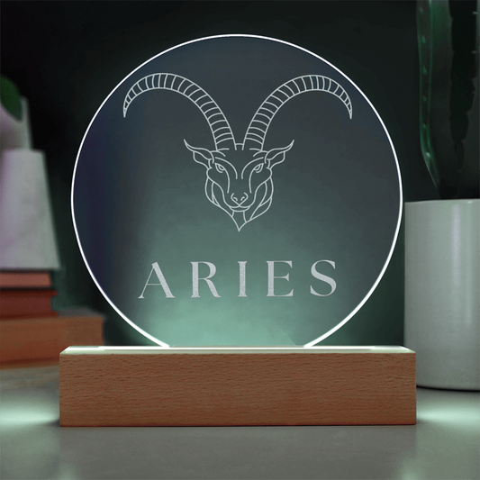 Zodiac Sign Engraved Acrylic Circle Plaque with Lighted NEON LED Base - ARIES Sign