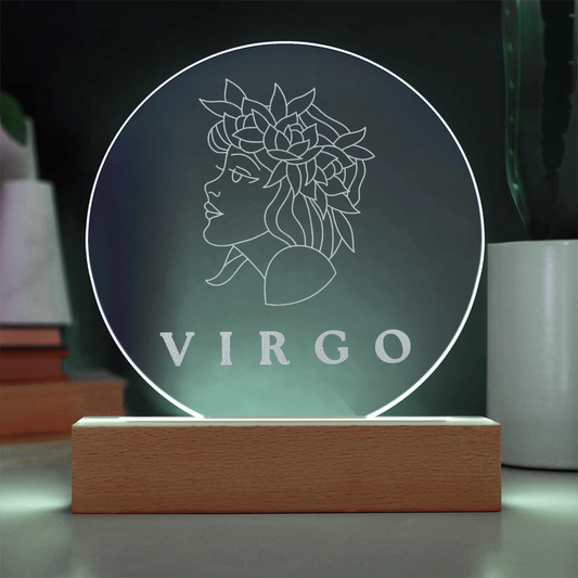 Zodiac Sign Engraved Acrylic Circle Plaque with Lighted NEON LED Base - VIRGO Sign