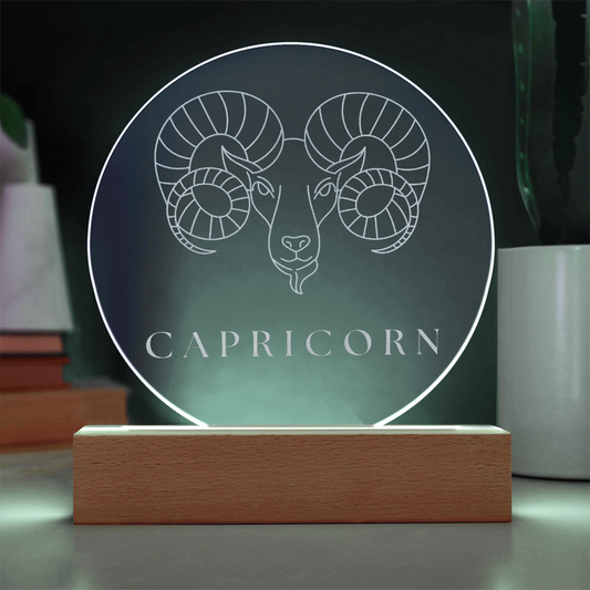 Zodiac Sign Engraved Acrylic Circle Plaque with Lighted NEON LED Base - CAPRICORN Sign