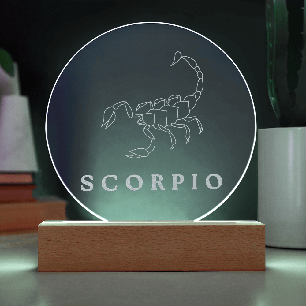 Zodiac Sign Engraved Acrylic Circle Plaque with Lighted NEON LED Base - SCORPIO Sign