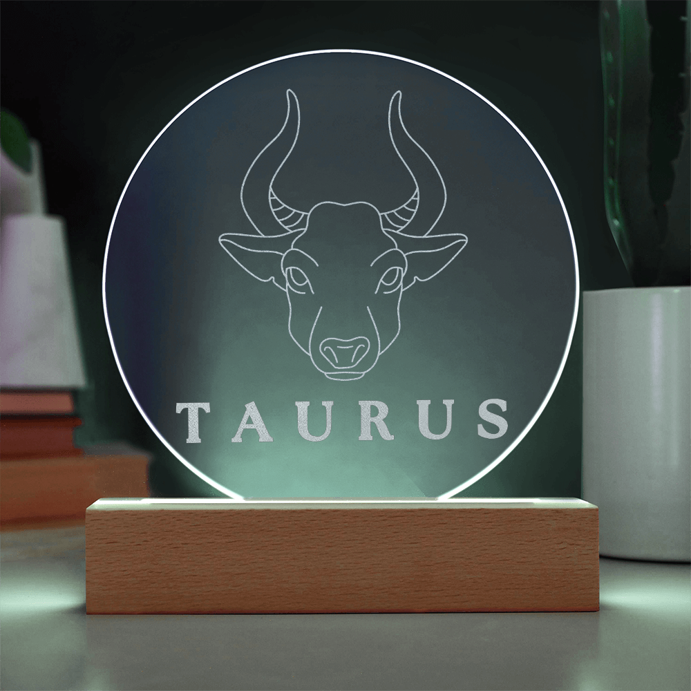 Zodiac Sign Engraved Acrylic Circle Plaque with Lighted NEON LED Base - TAURUS Sign