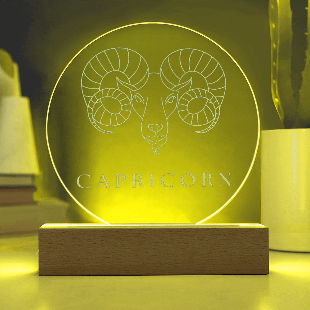 Zodiac Sign Engraved Acrylic Circle Plaque with Lighted NEON LED Base - CAPRICORN Sign